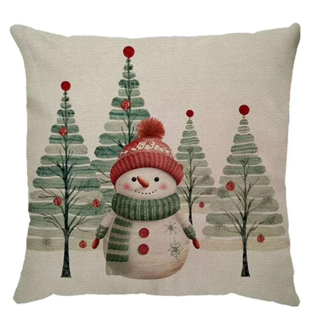 Capa de Almofada Natalina Decoração de Natal Festa Enfeite Papai Noel Renas Boneco de Neve Linho Estampado 43x43cm
